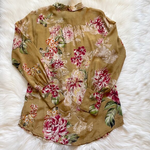 Johnny Was Mustard Yellow Vintage Rose Floral Yrene Silk Long Sleeve Blouse - Picture 5 of 7